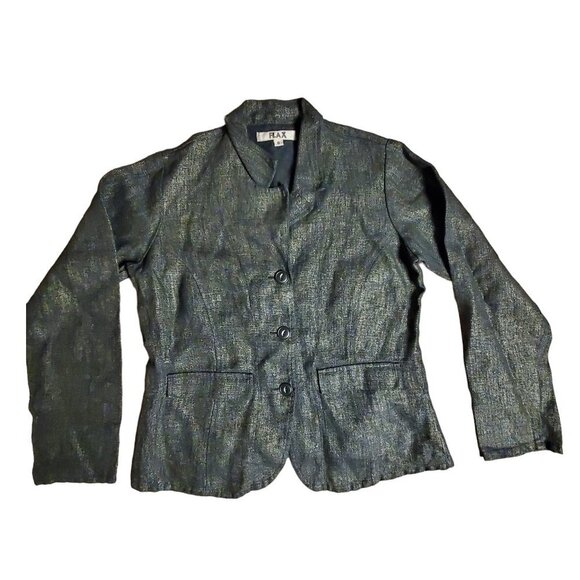 Flax Jackets & Blazers - FLAX 100% Linen Womens Black Long Sleeve Button Front Blazer Jacket Size S